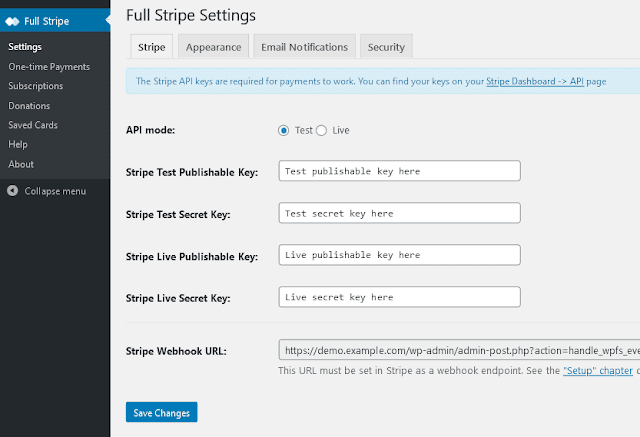 The Stripe Settings in the Back-end. You can configure Stripe, Appearance, Email Notifications and Security.