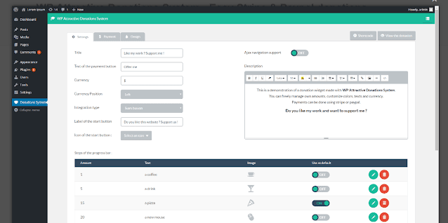 Manage Settings, Payment methods and Design of the donation form.