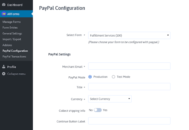 You can provide Merchant Email, choose PayPal Mode, select Currency, etc.