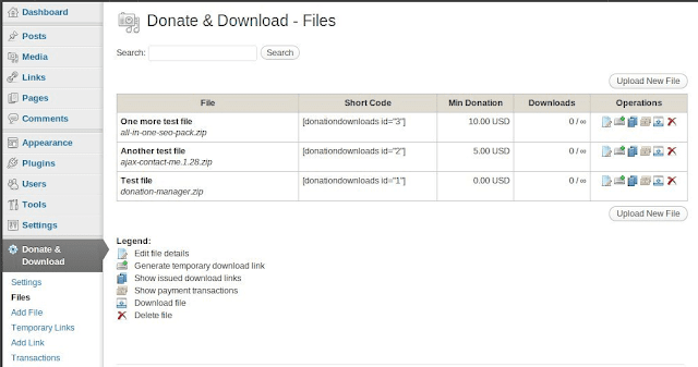 The Files section where you can upload files, delete files, edit files, generate download links, check payment transactions, set minimum donations, see number of downloads for each file, etc.