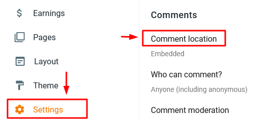 Click the Blogger "Settings" from the sidebar. Go to Comments section and click the Comment location.