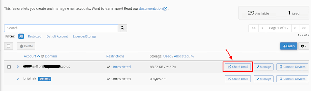 Here you can see that your new email account has been created. The "Check Email" option allows you to open your email account from the cPanel.