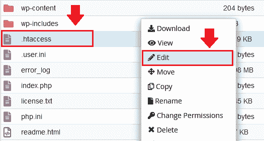 Right-click on the ".htaccess" file. Click on the "Edit".