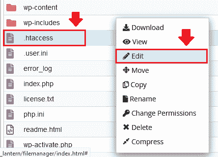 Right-click on ".htaccess" file. Click on the "Edit".