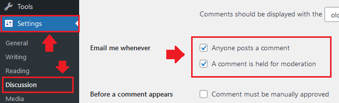 On "Settings" section click on the "Discussion". Scroll down to the label "Email me whenever". Tick the "Anyone posts a comment", and Tick, the "A comment is held for moderation".