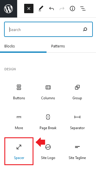Under the "Design" section click on the "Spacer" icon. You can find it from Search Bar as well. Under the "Design" section click on the "Spacer" icon. You can find it from Search Bar as well.