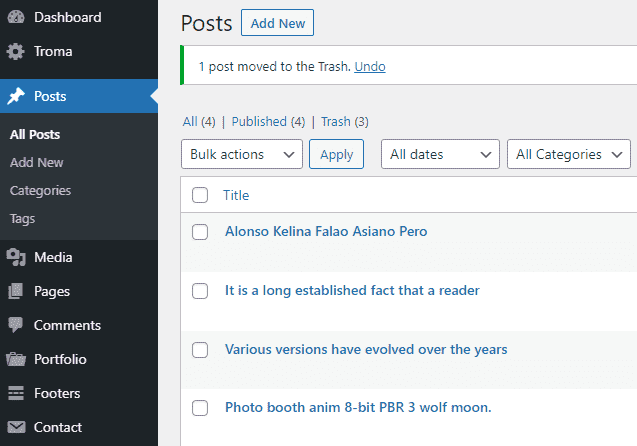 Posts page on WordPress Dashboard