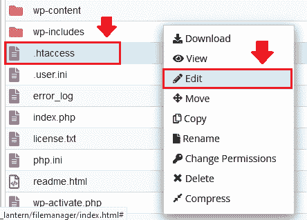 Right-click on ".htaccess" file and click "Edit".