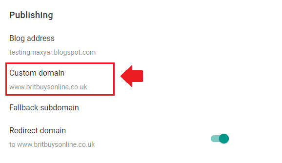 Login to your Blogger account. Scroll down to "Publishing" section and click the "Custom domain".