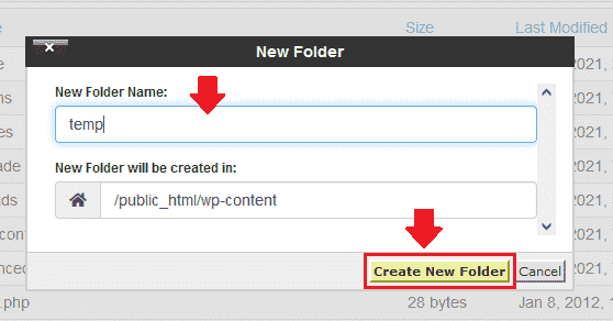 Enter "temp" in the New Folder Name. Click on the "Create New Folder". It will create a "temp" folder.