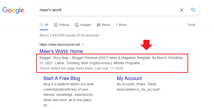 The meta description of Meer's World is missing in the Google search result. Instead of showing the meta description Google is showing titles of blog posts, author name, etc. 