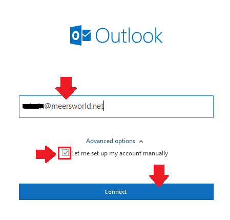 Enter your full email address that you want to setup in MS Outllook 2016. Expand the "Advanced options". Tick the "Let me set up my account manually". Click "Connect".