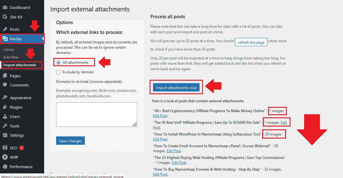 Now go to "Media" and click the "Import attachments". From your right section choose "All attachments" option.