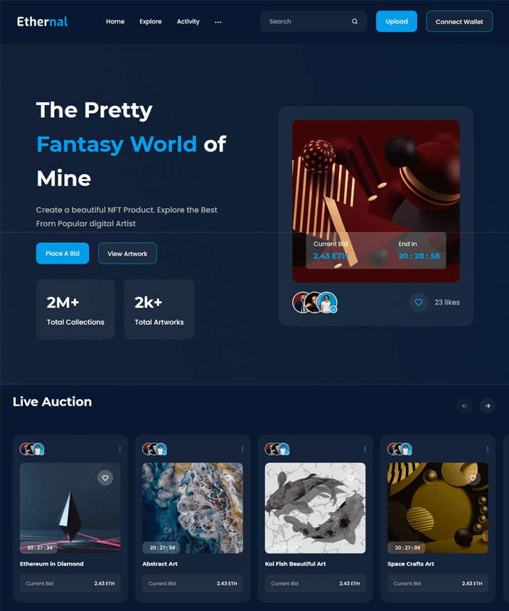 Ethernal is a clean, gorgeous, modern and advanced responsive NFT marketplace HTML template. 