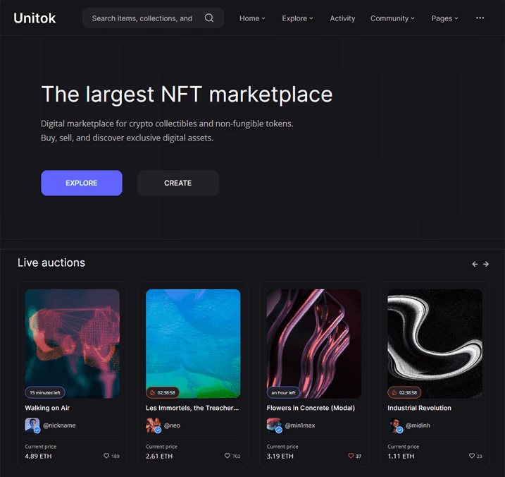Unitok is a modern and clean responsive HTML template for crypto collectibles, digital assets and NFT marketplace. 