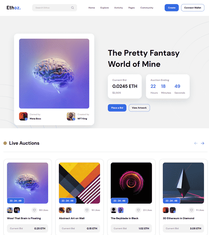 Ethoz is a modern, advanced, clean and extremely beautiful responsive NFT marketplace HTML template.