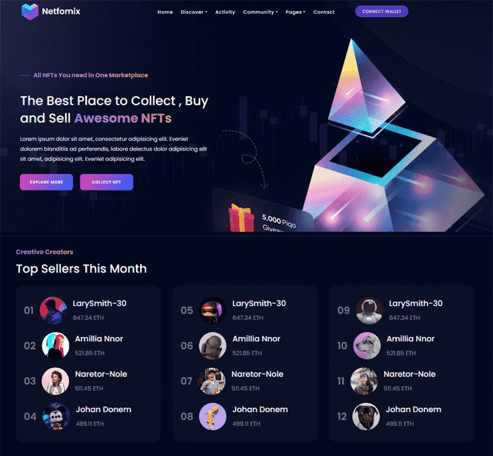 Netfomix is a modern responsive NFT marketplace HTML template designed with unique color combinations. 