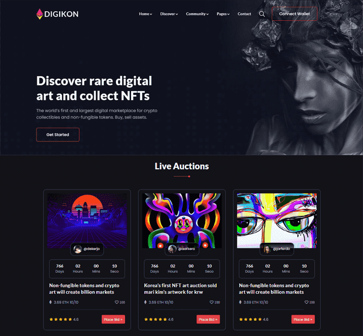 Digikon is an awesome, fully-customizable, and modern responsive HTML template for NFT marketplace websites
