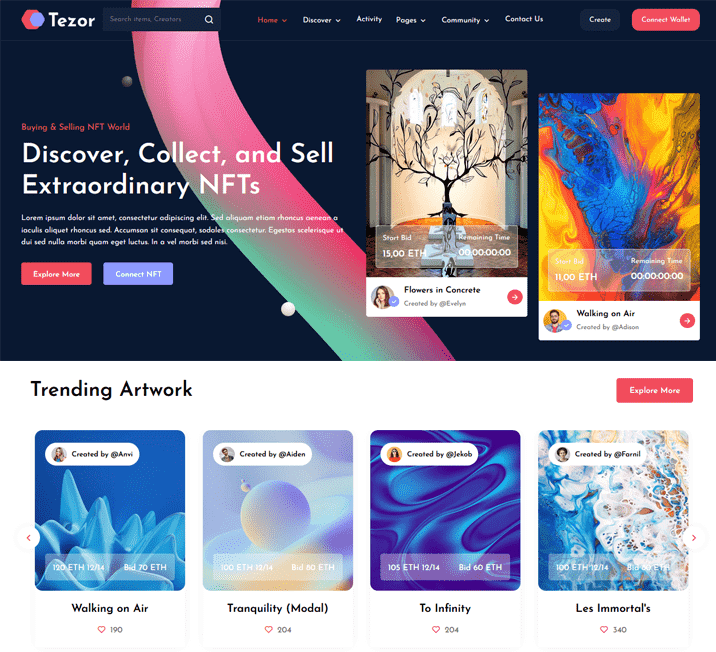 Tezor is an extremely beautiful, wide-stretched, modern and colorful NFT marketplace HTML template with 3+ Homepage layouts. 
