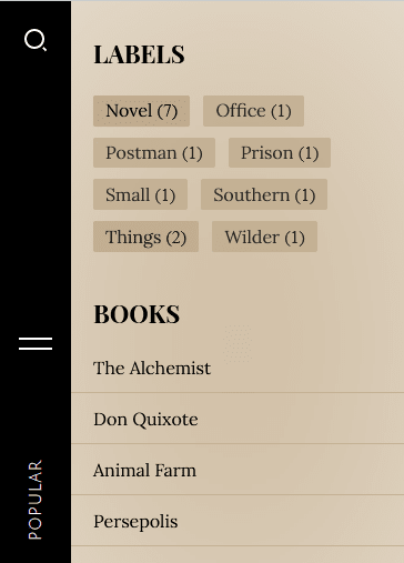 Below the search icon there is a hamburger icon. It contains Labels with post counters, and Links.