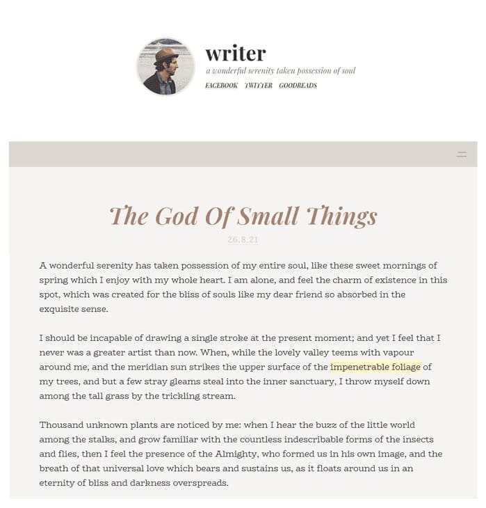 Item page of Writer Blogger template on Desktop devices