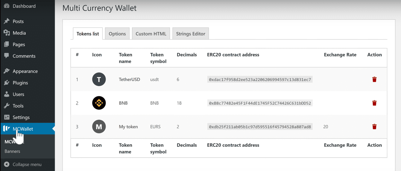 Click "MCWallet" to open the "Multi Currency Wallet" dashboard. On "Token list" tab you can View and Add new tokens. A new token appears on the Token list.