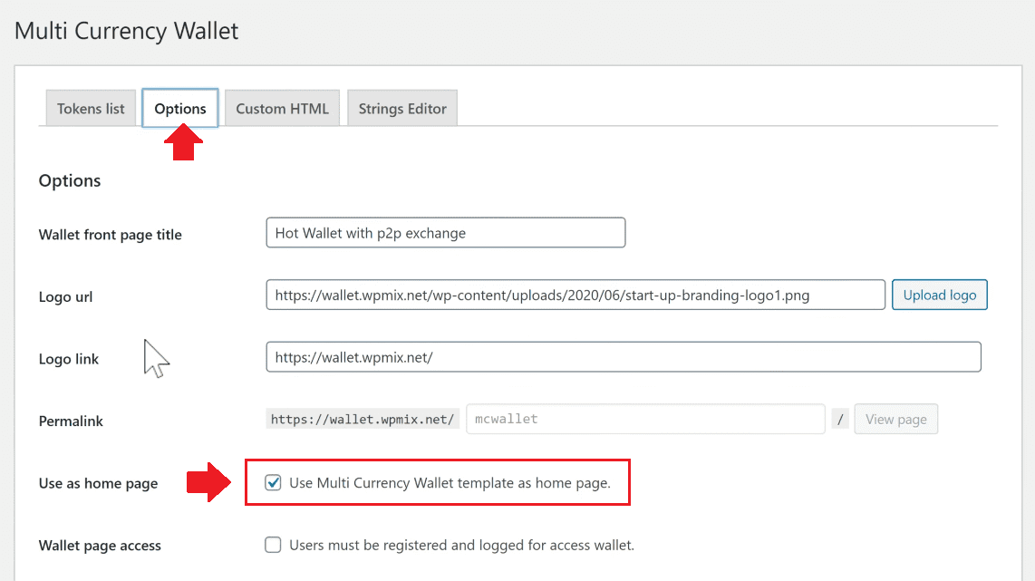 On the "Options" tab you can configure the settings of "Multi Currency Wallet". 