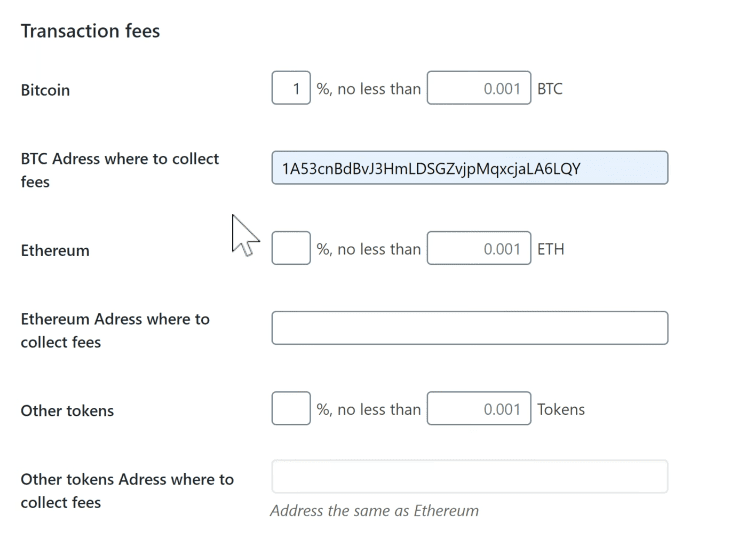 As you scroll down the Options page you will see the Transaction fees section. You can configure your fees/commission for Bitcoin and Ethereum.