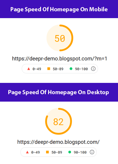The PageSpeed performance score of homepage on mobile devices is 50 and PageSpeed performance score of homepage on desktop devices is 82. 