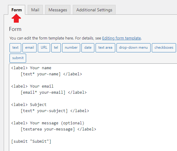 The "Form" tab contains the labels and fields that visitors can see on your website.