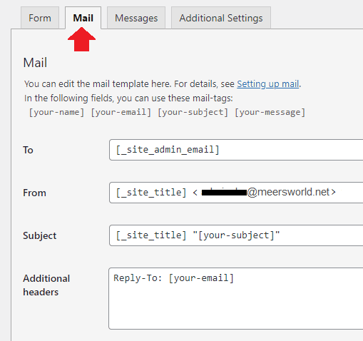 The Mail tab contains the mail template and settings.