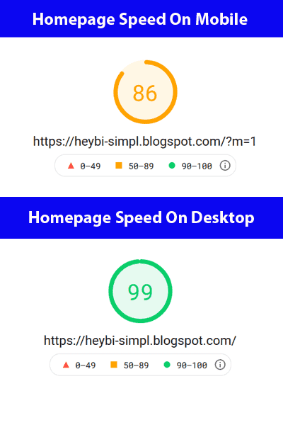 For Mobile devices homepage performance score of Simpl. Blogger Template is 86, whereas for Desktop devices it is 99. 