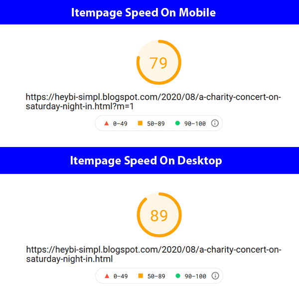 For Mobile devices performance score of Simpl Blogger template's Item Page is 79 whereas for Desktop devices it is 89