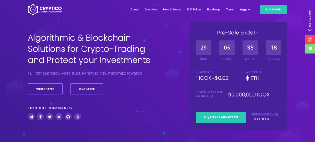 Cryptico is an advanced, modern, and powerful responsive WordPress theme for ICO agencies and cryptocurrency investment companies.