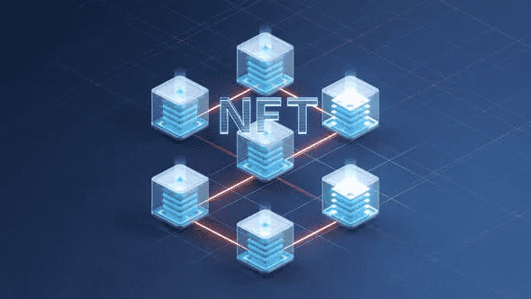 NFT Concept With Dark Background shows 3D animated NFT-abstract cubes.