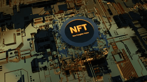 NFT Non Fungible Token shows NFT Symbol inside circle/disc on the animated 3D circuit board. 