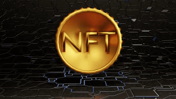 NFT Non Fungible Token shows an animated golden NFT Symbol rotating on the hard surface motherboard.