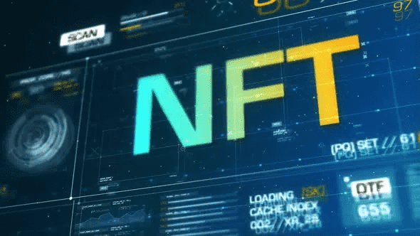 NFT Non-fungible Token has a dynamic blue technology-background having graphs, timers, etc