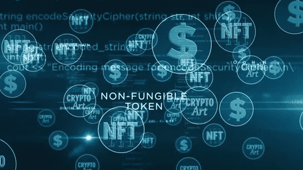 NFT Crypto Art Symbol Loop shows animated symbols in circles with crypto-art background. Symbols include: NFT, Crypto Art, and $. 