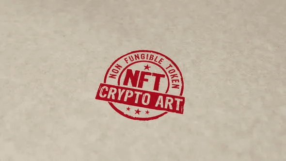 NFT Crypto Art and Stamping shows a red-colored NFT Crypto Art stamp and hand stamping impact.