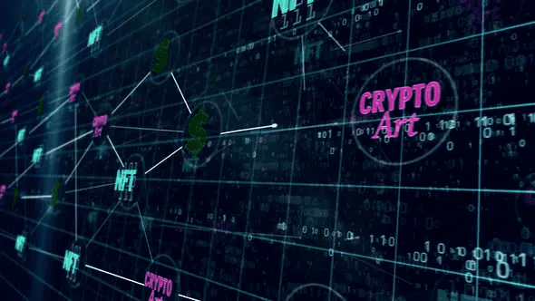 NFT Crypto Art Symbols on Sever Rooms is a seamless futuristic motion graphic with crypto-art background. 