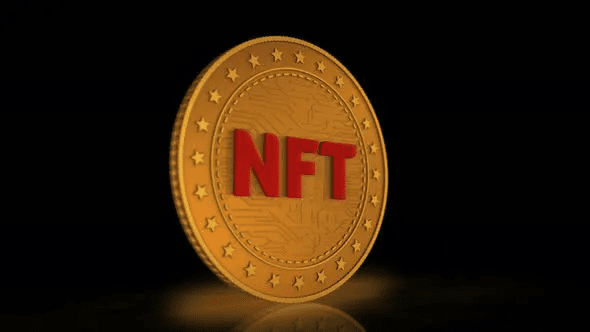 NFT Crypto Art Golden Coin 3D shows a golden coin having red NFT Symbol inscribed rotating smoothly in the dark.