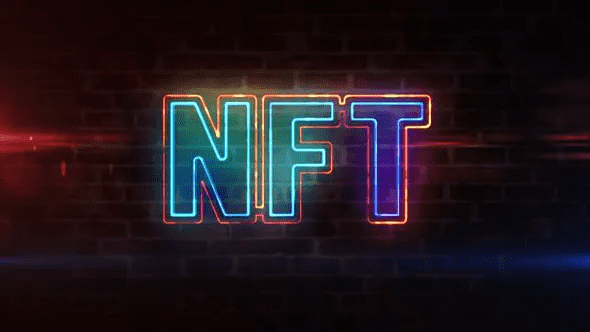 NFT Crypto art Symbol Neon shows neon NFT symbol on a brick wall. 