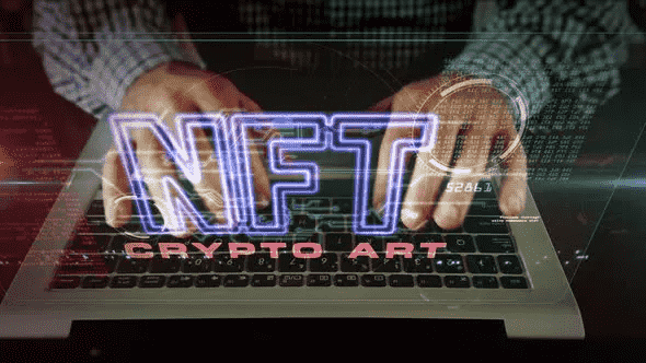 NFT Crypto Art Symbol with Man Typing on the Computer is a futuristic motion graphic 