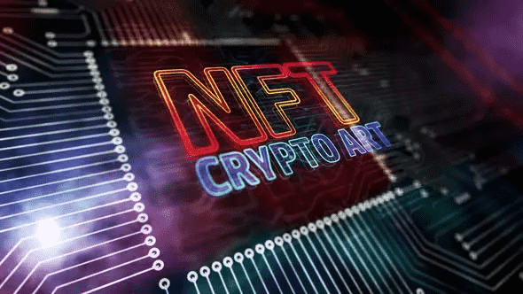 NFT Crypto Art Symbol Loopable 3D is a gorgeous motion graphic that shows a neon 3D NFT Crypto Art symbol smoothly flying over an animated circuit board of a computer.