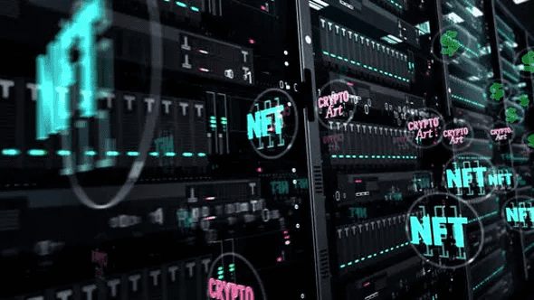 Servers Room with NFT Crypto Art shows animated 3D crypto art symbols such as NFT, Crypto-Art, and Dollar symbols with large server racks in background.