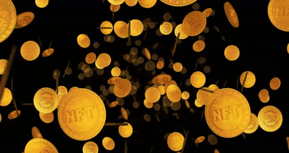 NFT Crypto Art a Looped Flight between Golden Coins shows hundreds of 3D golden coins having NFT & Crypto Art symbols inscribed