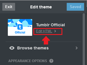 Click "Edit HTML" link. It will open the HTML code of your Tumblr Theme.