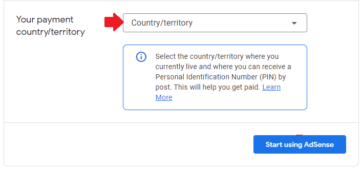 In "Your payment country/territory" choose your country name from the dropdown list.