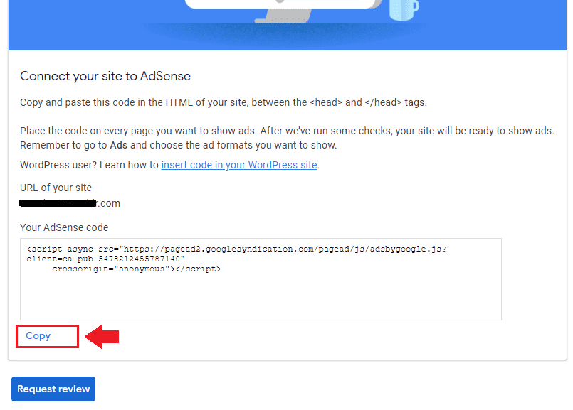 Click the "Copy" link to copy the AdSense Code.